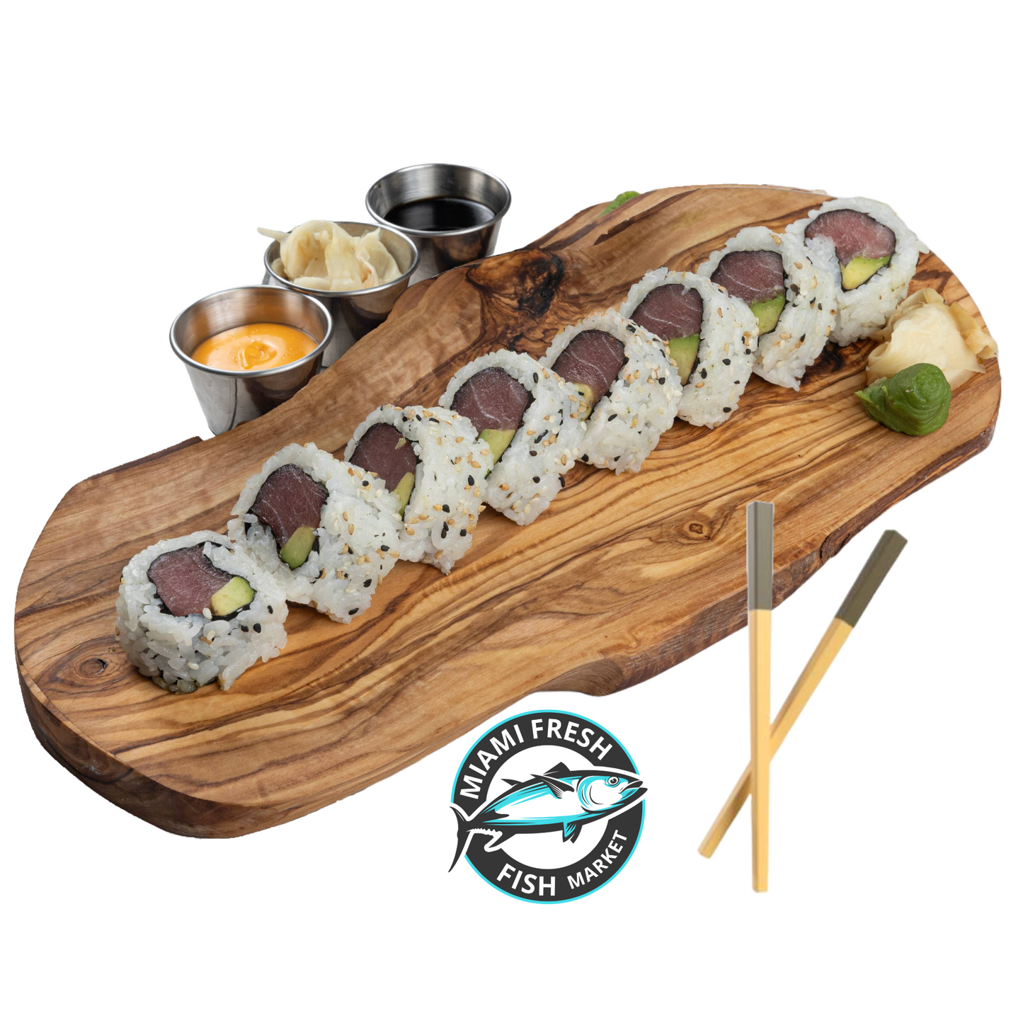 #6-Tuna-Avocado-Sushi-Roll-Chopsticks-on-brown-plate-side-sauces-8-pcs