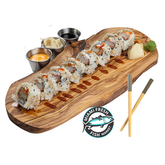 Dragon-Sushi-Roll-Chopsticks-on-brown-plate-side-sauces-8-pc-Carb-imitation-tempurea-Delivery-Miami-Beach