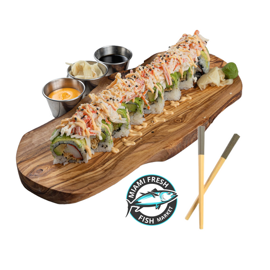#20-Volcano-Sushi-Roll-Crab-Imitation-French-Crunchy-Avocado-Topped-Torch Dynamite-Chopsticks-on-brown-plate-side_sauces-8-pc