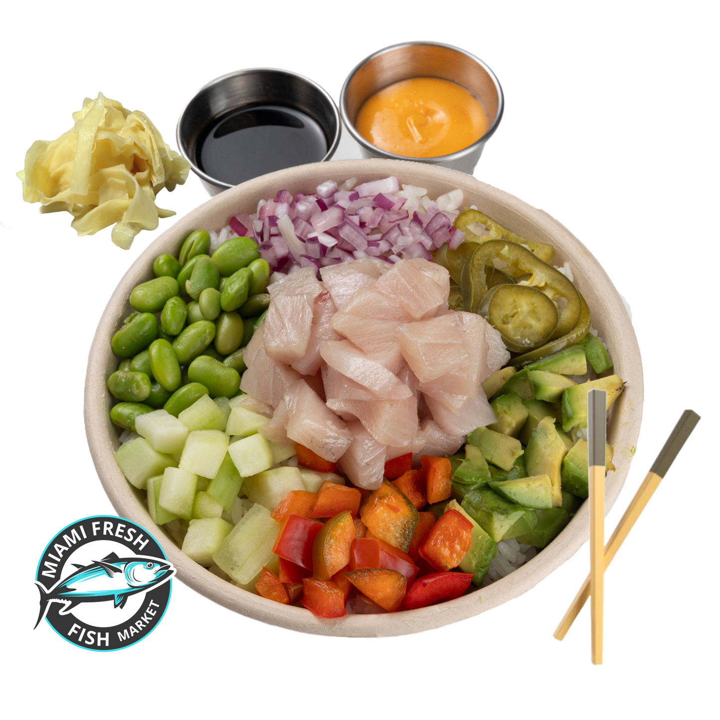 Poke-Bowl-Hamachi-fish-cube-cut-avocado-edamame-jalapeno-Aji Amarillo-chopstick-sauce