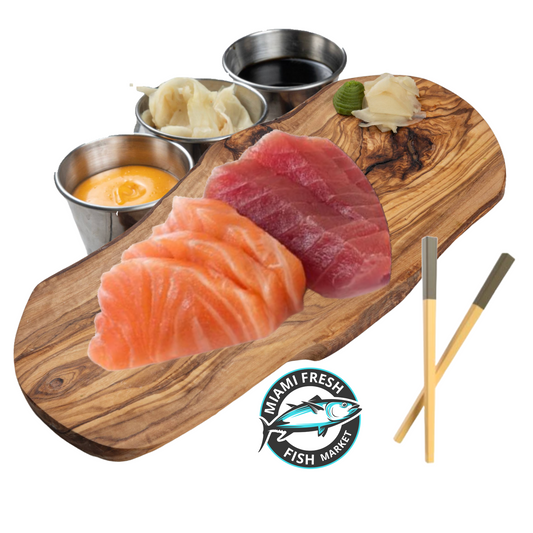 Sashimi-Salmon-and-Tuna-n-plate-of-wood-with-stick-sushi