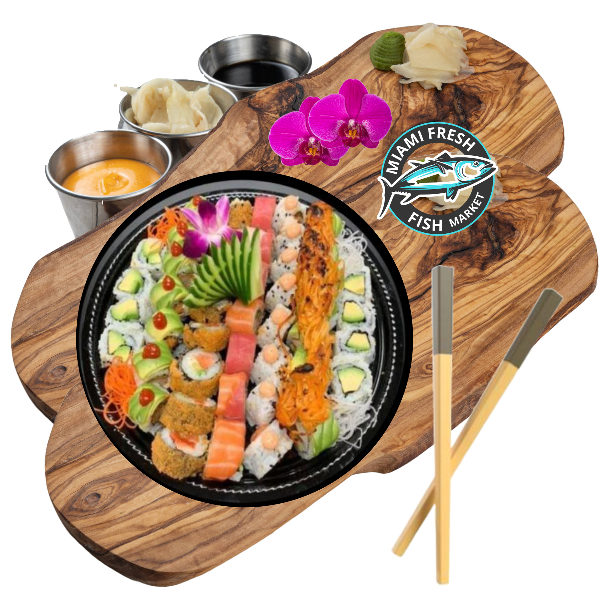 Sushi-Special-Platter-6-Rolls-48-pieces-Chopsticks-on-brown-wood-plate-side-sauces-chopstick