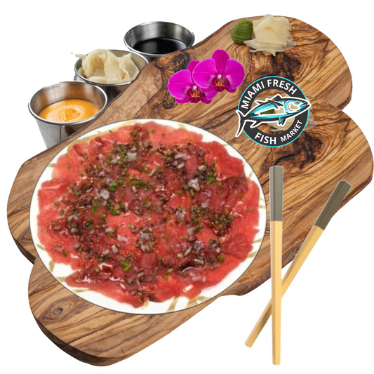 Tuna-Carpaccio-thinly-sliced-raw-platter-on-brown-wood-plate-miami-fresh-fish-market