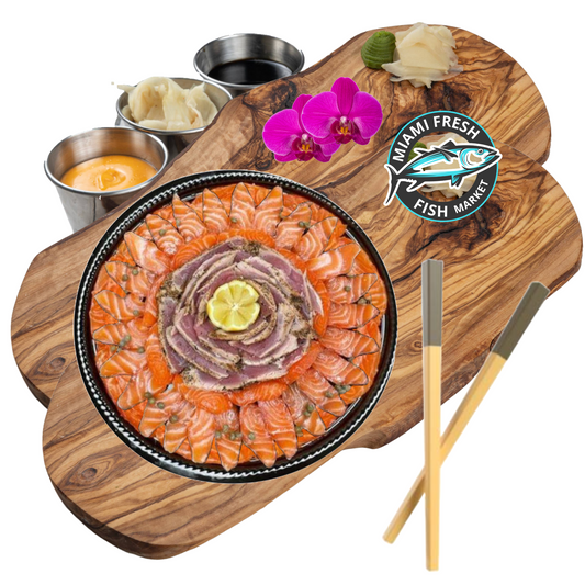 Smoked-Seared-Tuna-Mix-Salmon-16"-Platter-on-wood-board-Miami-fresh-fish-market
