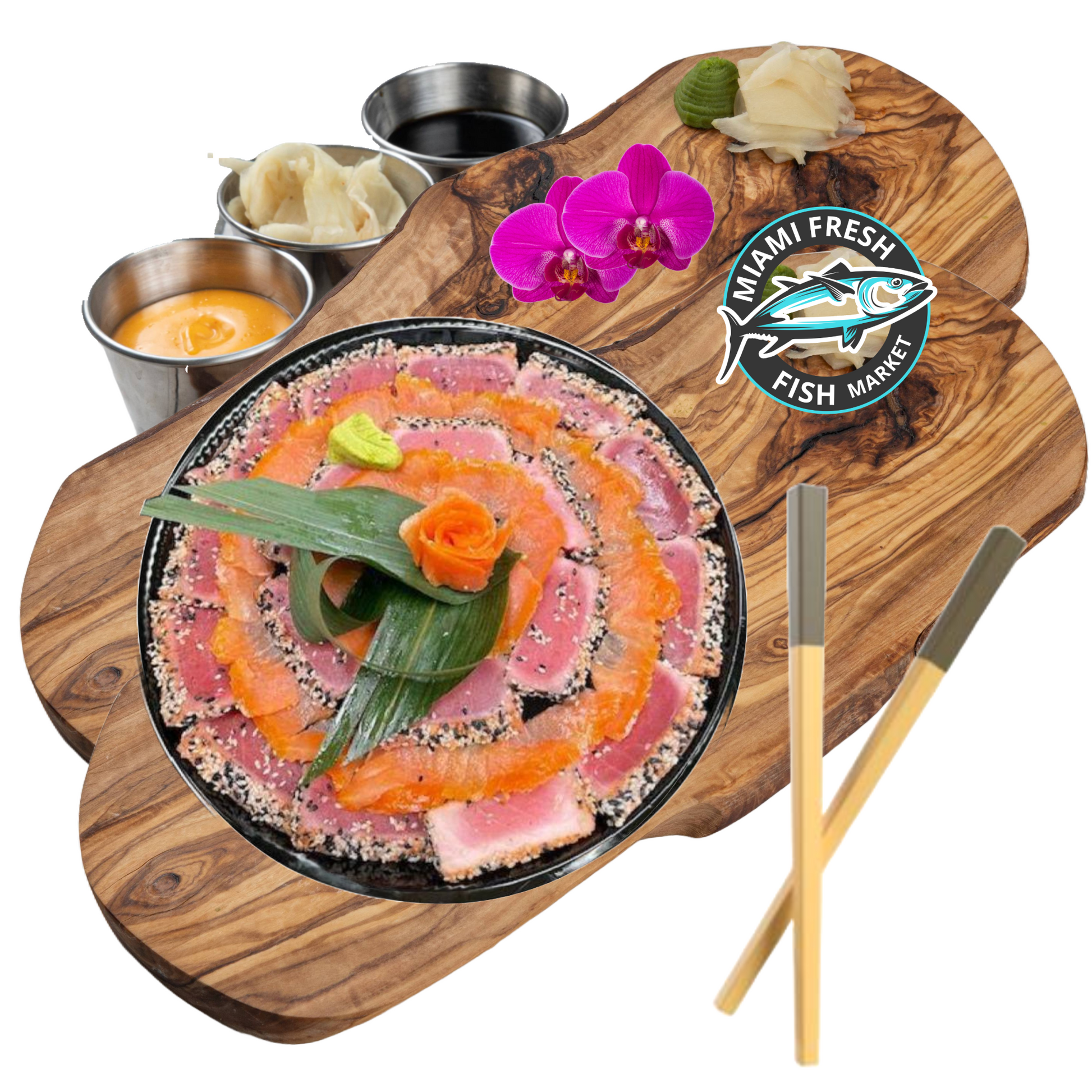 Platter-Seared-Tuna-cut-slice-on-brown-wood-plate-miami-fresh-fish-market