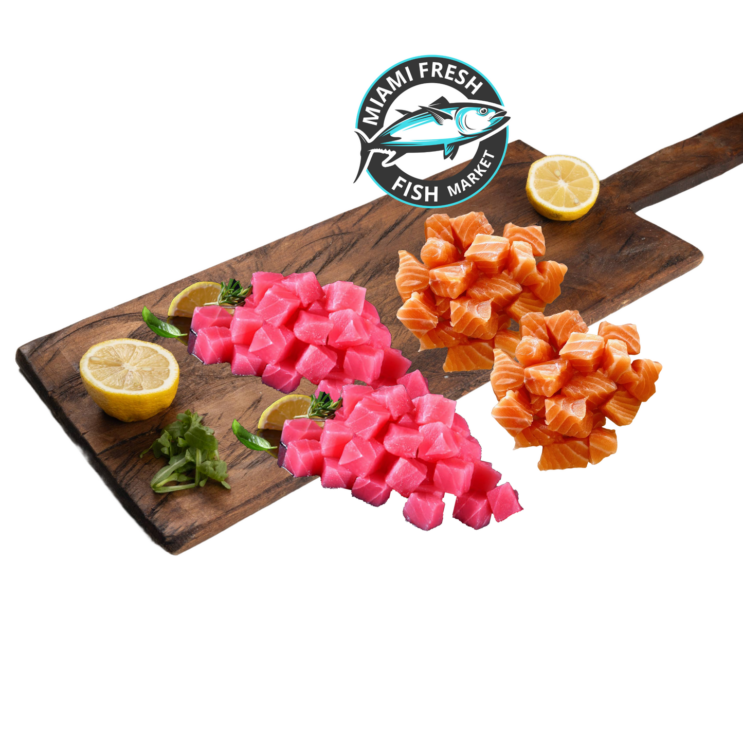 sushi-grade-of-fish-salmon-and-tuna-yellow-fin-cut-small-pieces-with-lime-on-brown-wood-plate