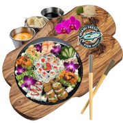 Sushi-Special-Platter-12-Rolls-96-pieces-Chopsticks-on-brown-wood-plate-side-sauces-chopstick