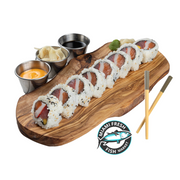 Carzy-Sushi-Roll-rice-nori-Salmon-Tuna-carb_imitation-Mango-Chopsticks-on-brown-plate-side_sauces-8-pieces