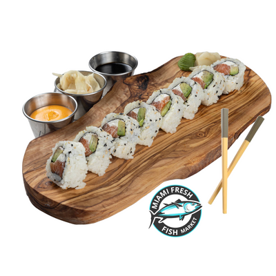  JB-Sushi-Roll-Chopsticks-on-brown-plate-side-sauces-8-pc-Specialty-Sushi-salmon-avocado