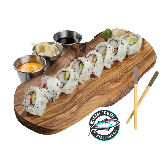 #8-California-Sushi-Roll-Chopsticks-on-brown-plate-side-sauces-8-pc-miami-fresh-fish-market