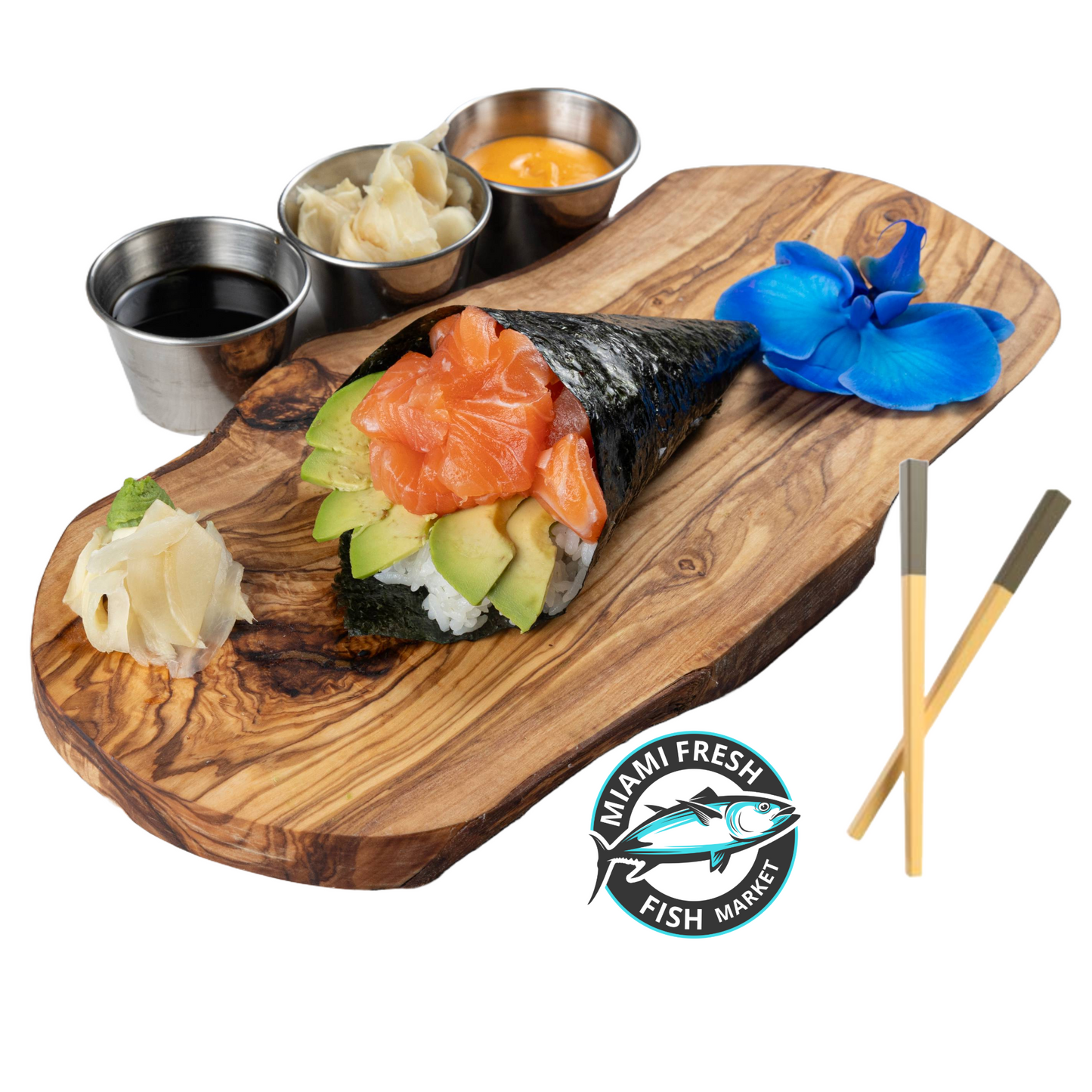 Salmon-Sushi-Hand-Roll-Chopsticks-on-brown-plate-side-sauces-8-pc-Miami-Beach-Sushi-Roll