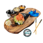 Salmon-Sushi-Hand-Roll-Chopsticks-on-brown-plate-side-sauces-8-pc-Best-Salmon-Sushi-Miami