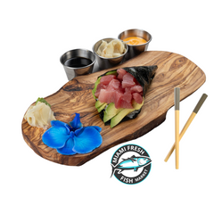 Tuna-Sushi-Hand-Roll-Chopsticks-on-brown-plate-side-sauces-8-pc-miami-beach-kosher-sushi