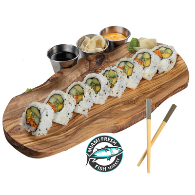 Veggie-Sushi-Roll-Chopsticks-on-brown-wood-plate-&-sauces