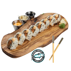 #5-Spicy-Salmon-Sushi-Roll-Chopsticks-on-brown-plate-side-sauces-