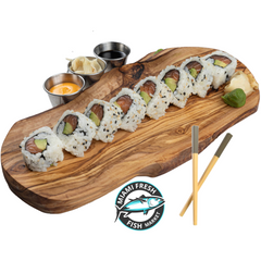 #1-Salmon-Avocado-Sushi-Roll-Chopsticks-on-brown-plate-side-sauces-