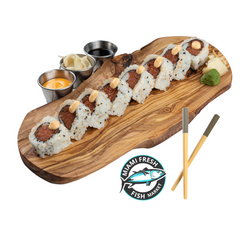 Spicy-Tuna-Sushi-Roll-Chopsticks-on-brown-plate-side-sauces-8-pc-kosher-delivery