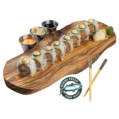 Spicy-Hamachi-Sushi-Roll-Chopsticks-on-brown-plate-side-sauces-8-pc-miami-beach-sushi-delivery