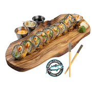 Spicy-Kani-Sushi-Roll-rice-nori-carb-imitation-Avocado-Chopsticks-on-brown-plate-side_sauces-8-pieces