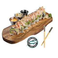 FF-Sushi-Roll-Crab-Imitation-French-Crunchy-Avocado-Topped-Dynamite -Chopsticks-on-brown-plate-side-sauces-8-pc