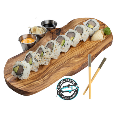 Sushi-Roll-rice-nori-Hamachi-Avocado-Rice-nori-Chopsticks-on-brown-plate-side_sauces-8-pieces