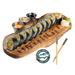Tropical-Sushi-Roll-Chopsticks-on-brown-plate-side-sauces-8-pc-miami-sushi