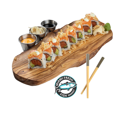 Deluxe-Sushi-Roll-Chopsticks-on-brown-plate-side-sauces-8-pc-Spicytuna-avocado-salmon-crunchyfrence-onion-miamisushi