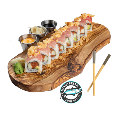 Crunch-Sushi-Roll-Chopsticks-on-brown-plate-side-sauces-8-pcs-delivery-sushi-miami
