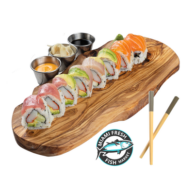 Rainbow-Sushi-Roll-rice-nori-carb-imitation-cucumber-topped-avocado&salmon&hamachi&tuna-Chopsticks-on-brown-plate-side_sauces-8-pieces