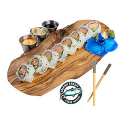 Cooked-Salmon-Sushi-Roll-Chopsticks-on-brown-plate-side-sauces-8-pc-Specialty-Sushi-Rolls-Miami