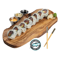 Signature-Sushi-Roll-rice-nori-Salmon-Tuna-avocado-Chopsticks-on-brown-plate-side_sauces-8-pieces