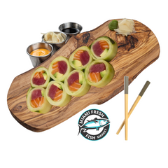 Naruto-Cucumber-Sushi-Roll-Chopsticks-on-brown-plate-side-sauces-8-pc-salomon-avocado-order-sushi-Delivery