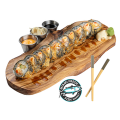 JB-Temura-Sushi-Roll-rice-nori-Salmon-avocado-parve-cream-cheese-Fried_roll-Chopsticks-on-brown-plate-side_sauces-8-pieces