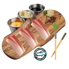 Sashimi-Hamachi-6-pcs-on-wood-plate-with-sushi-stick-and-suace