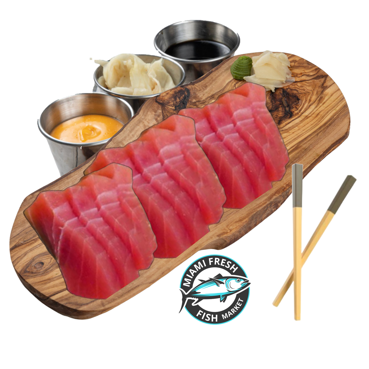 Sashimi-tuna-6pcs-on-plate-of-wood-with-chopstick-and-suace-miami-fresh-fish-market