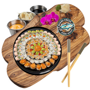 Sushi-Prime-Mix-Platter-12-Rolls-96-pieces-Chopsticks-on-brown-plate-side-sauces