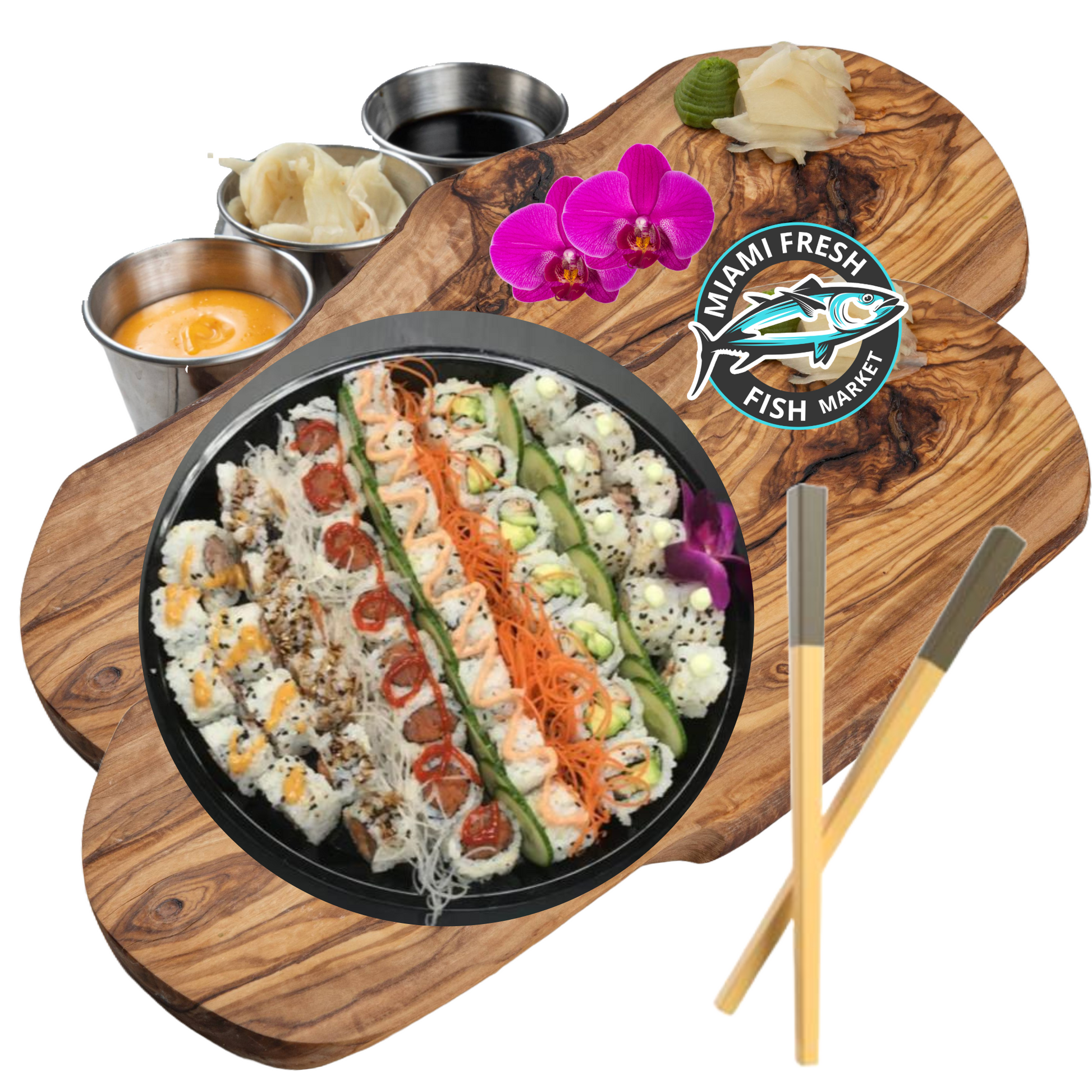 Sushi-basic-Platter-6-Rolls-48-pieces-Chopsticks-on-brown-plate-side-sauces