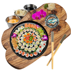 Sushi-basic-Platter-12-Rolls-96-pieces-Chopsticks-on-brown-plate-side-sauces