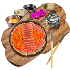 Seared-Tuna-Mix-Smoked-Salmon-with-chopstick-suace-on-brown-wood-plate