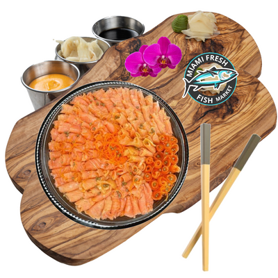 Nova Lox Smoked Salmon-16"-Platter-on-wood-board-suace_and_chopstick