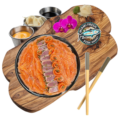Smoked-Seared-Tuna-Mix-Salmon-12"-Platterd-on-wood-board-miami-fresh-fish-market