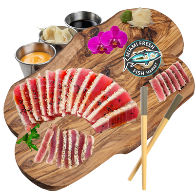 Seared-Tuna-16"-Platter-with-chopstick-on-brown-wood-board