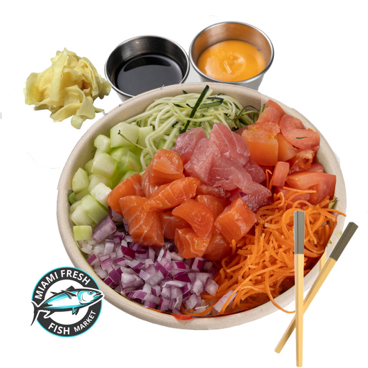 Rainbow-Mix-Poke-Bowl-Salmon-tuna-carb-imitation-vegetable-sauce-chopstick-miami-fresh-fish-market