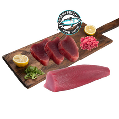 slices-yellowfin-tuna-and-sushi_grade-on-Brwon_wood_plate-miami-fresh-fish-market