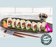 Tuna-Avocado-Sushi-Roll-Chopsticks-on-plate-side-sauces-8-pcs-#KosherSushi 