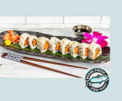 #5-Spicy-Salmon-Sushi-Roll-Chopsticks-on-plate-side-sauce-delivery-miami-beach-kosher