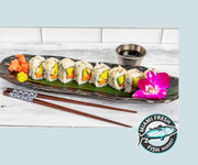 veggie-Sushi-Roll-Chopsticks-on-glass-plate-&-sauces-flower-miami-beach-delivery
